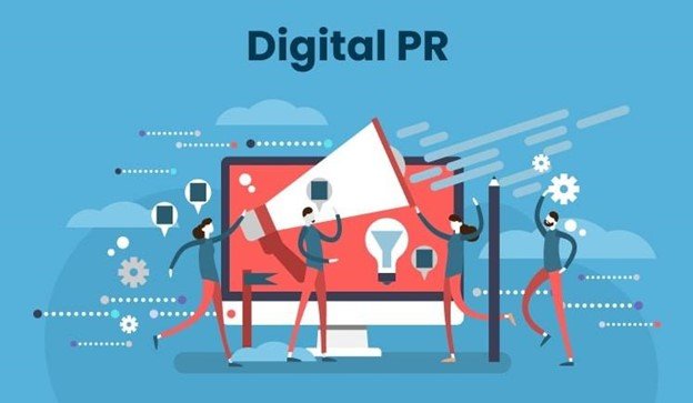 "Digital PR" illustration with a megaphone and people