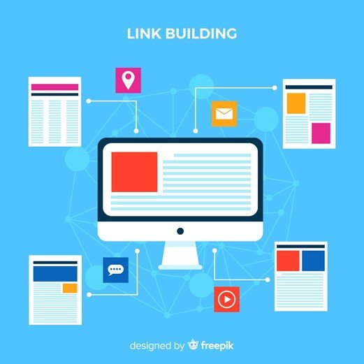 Link building illustration with a computer connected to webpage icons