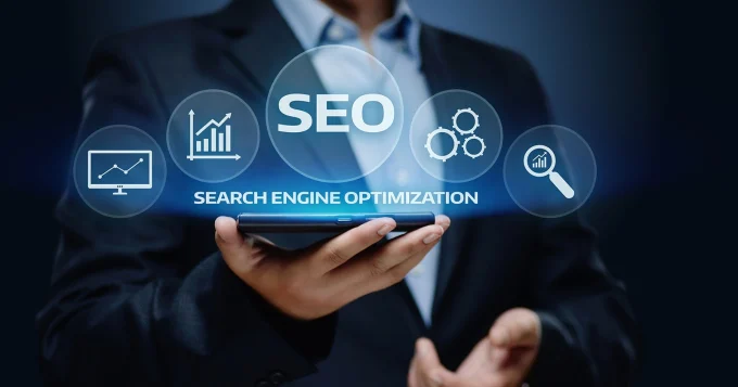 Search engine optimization illustration with a businessman holding a phone