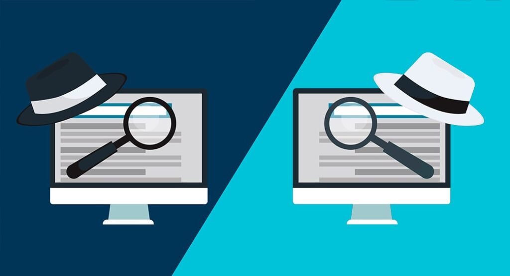 Black hat vs white hat SEO illustration with two computer monitors