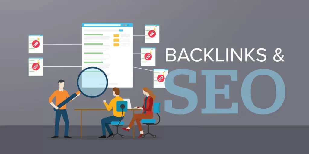 "Backlinks & SEO" illustration with people working at a computer
