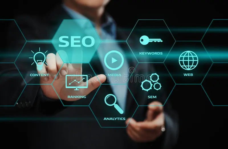 SEO hexagon icon illustration with a businessman pointing