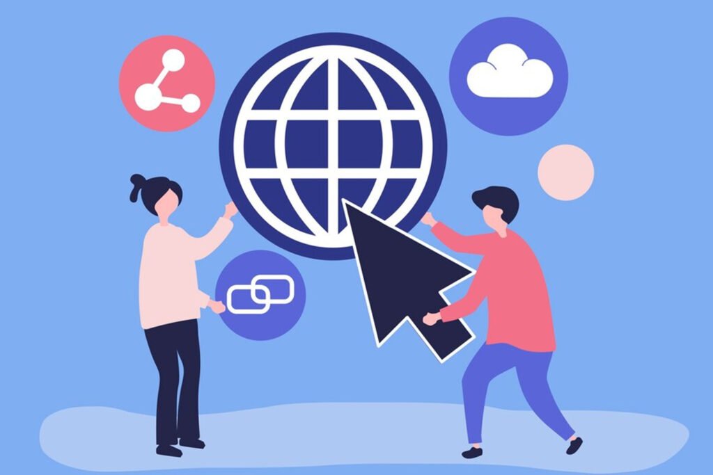 Dofollow Links Link building illustration showing people connecting to a website network