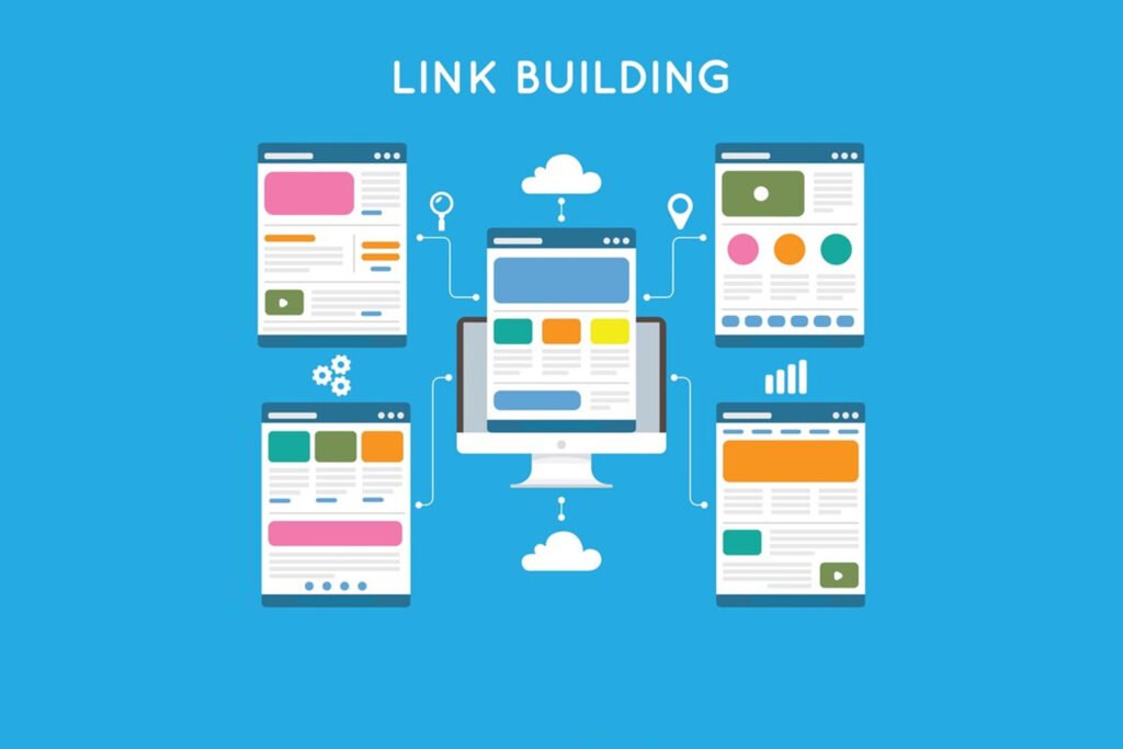 Linkbuilding "Link Building" illustration with a computer connected to webpage icons