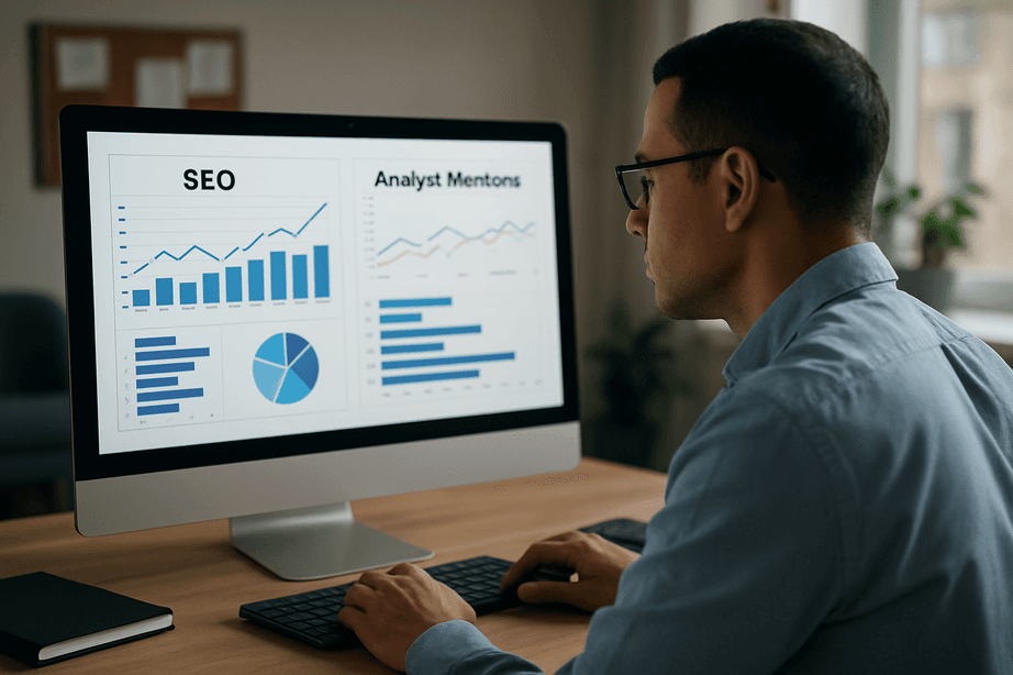 Man reviewing SEO and analyst mentions charts on a computer monitor