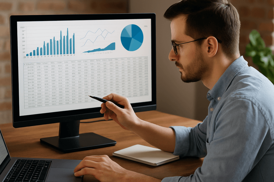 Man pointing at bar and pie charts on a computer monitor